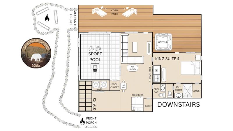 Thunderhead Mountain Lodge Downstairs Floor Plan Downstairs floor plan for Smoky Mountains cabin rental Thunder Mountain Lodge.